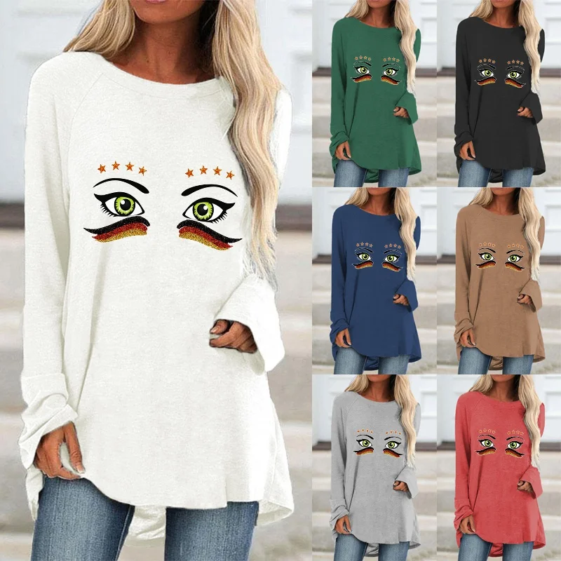 

Autumn Women Fashion Casual Printed Round Neck Long Sleeved Shirts & Tops Loose Ladies Graphic T-shirt Blouse Plus Size
