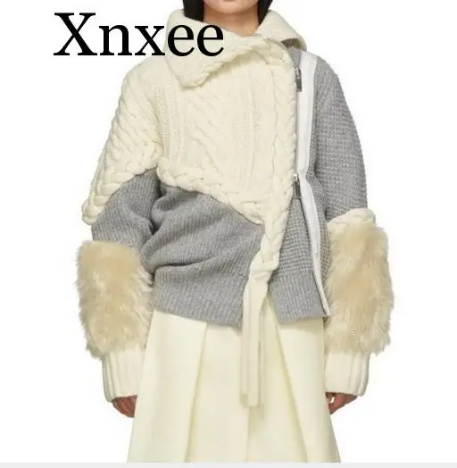 

Autumn And Winter New Fashion Stitching Lamb Fur Cuff Zipper Loose Irregular Knit Sweater Lapel Coat