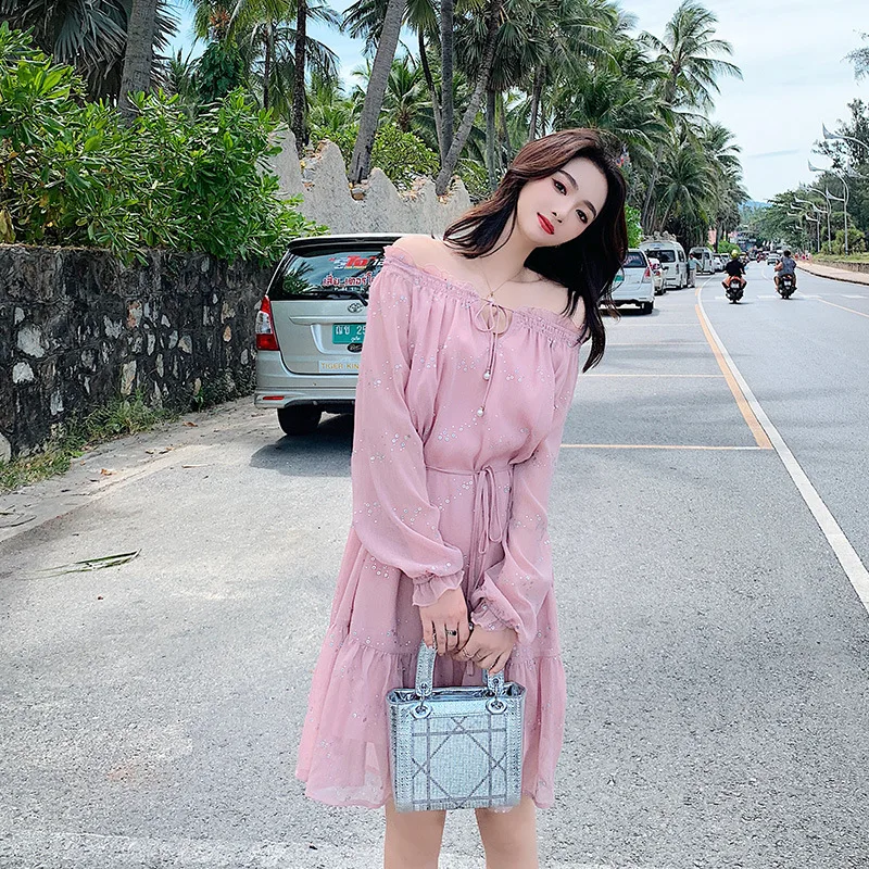 

Chiffon Waist Hugging Dress WOMEN'S Dress 2019 Spring Base Slim Fit Slimming Long Sleeve Underwear French fu gu qun