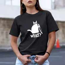 Забавная футболка с изображением кота, убийцы, кота, ножа, женская футболка с круглым вырезом, Женская свободная футболка, Хлопковая женская черная футболка, женская футболка