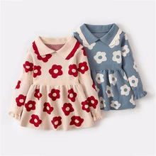 Детские вязаные платья с длинными рукавами для девочек, одежда г. Осенний свитер для малышей платье принцессы с цветочным рисунком детская одежда для свадебной вечеринки