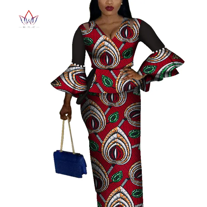 Комплект из 2 предметов, африканская одежда для женщин, топы с расклешенными рукавами и длинные юбки, Африканский принт, Базен Riche, женские костюмы, комплект с юбкой, WY4225 - Цвет: 12