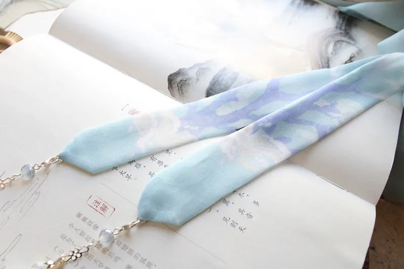 Шифон кисточкой синий коралл Медузы оголовье Древние китайские аксессуары для волос ханьфу кимоно лента для Косплей Размер: 3*146 см