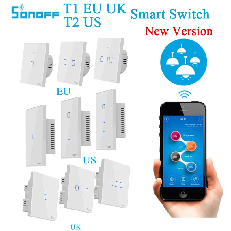 Baratos Interruptor táctil Sonoff T1 UE UK T2 US Wifi de pared 1 2 3 gang Smart Home inalámbrico 433 RF APP con Alexa Google