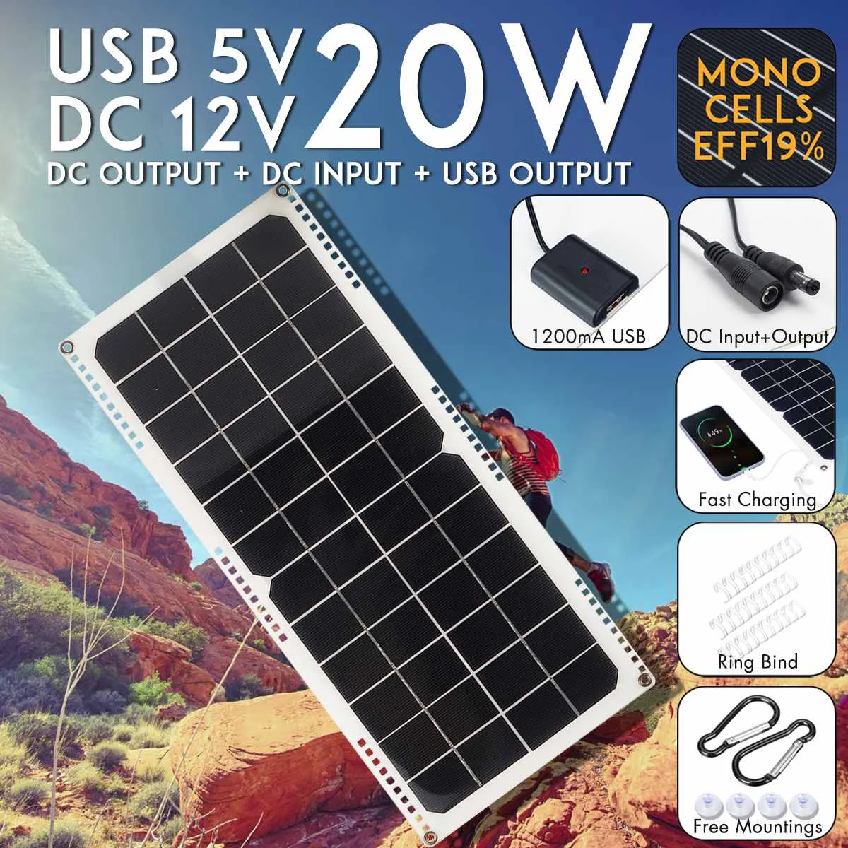 

14V 20W 1.5A Waterproof Solar Panel USB Monocrystalline Solar Panel with Car Charger for Outdoor Camping Emergency Light