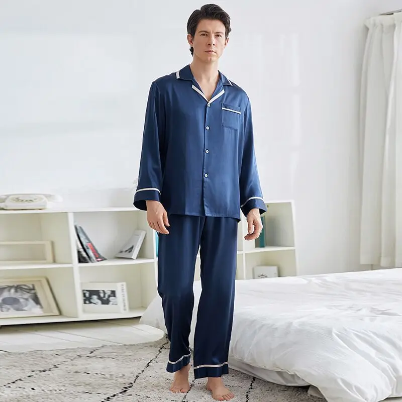 High-grade 100% Genuine Silk Men Pajamas Sets Long-Sleeved Sleepwear Men's Real Natural Silk Pyjama Male Nightwear Home Clothing