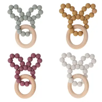 

Baby Bunny Ear Teether Safe Organic Wood & BPA-Free Silicone Beads Teething Toy Shower Gift