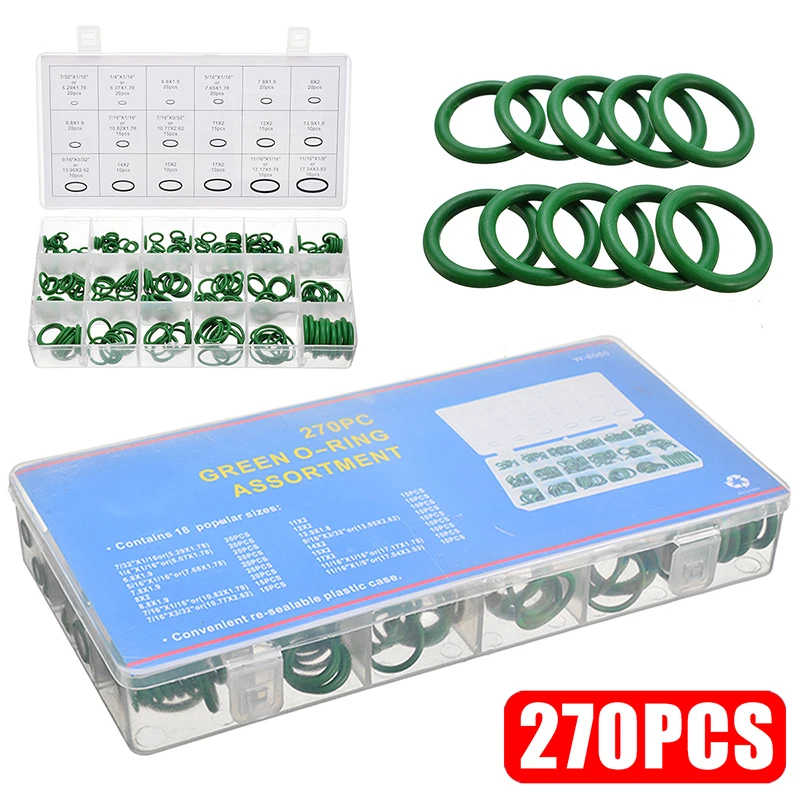 270pcs/box O Ring Rubber Washer Seals Assortment Green Seals Washers Set for Car Airconditioning Gasket
