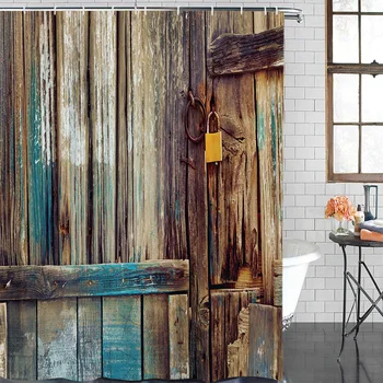 

Fabric Shower Curtain Painted Wooden Door Shower Curtains Waterproof Polyester Bathroom Shower Curtain &12 Hooks
