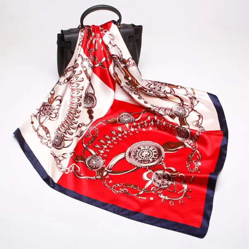 

Woman Satin print silk scarf Female Luxury Brand Square head Scarves Women Handkerchief Neck Silk Satin Scarf size 90*90cm