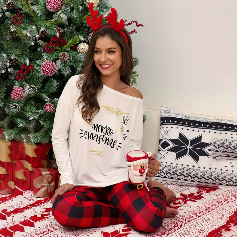 Женский Рождественский клетчатый пижамный комплект с буквенным принтом, футболка с длинными рукавами, топ+ штаны, пижама, ночное белье, одежда для сна, черный, красный, белый