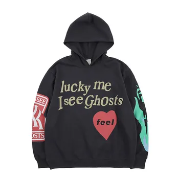 

Lucky Me I See Ghosts Letter Printed Hoodies Sweatshirts Men Blue Flame Streetwear Hip Hop Rock Rapper Cotton Casual Hoodie Men