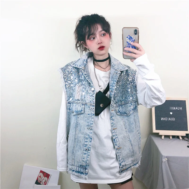 Уличная джинсовый жилет женский корейский стиль блесток Лоскутная потертая кисточка отверстие куртка без рукавов джинсовый жилет C230