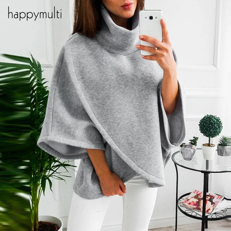 

Lady's Sweater Casual Knitted Turtleneck Cloak Batwing Sleeve Solid Color Elegant Autumn Winter Sweater for Women AEHQ092