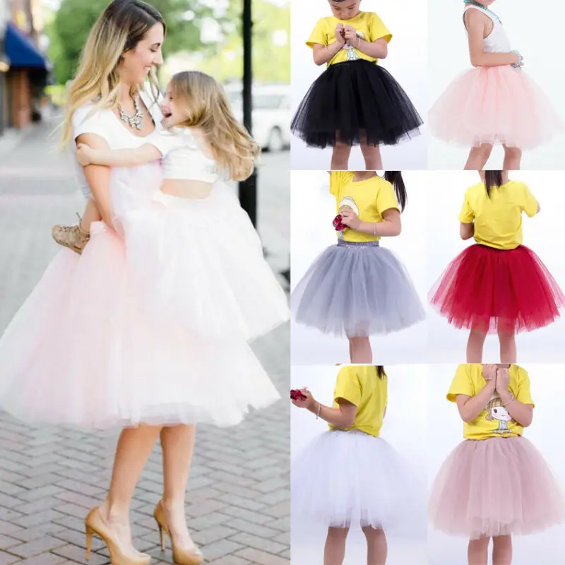 Фатиновые юбки для женщин; плиссированная юбка средней длины для маленьких девочек; сезон весна-лето; Корейская юбка-пачка из сетчатой ткани с эластичной резинкой на талии для всей семьи