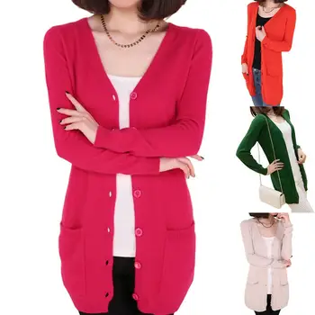 

10 Color Women Knitted Cardigan Autumn Winter 2019 Ladies Solid V-neck Cardigan Long Sleeve Coat Pockets Outerwear Female
