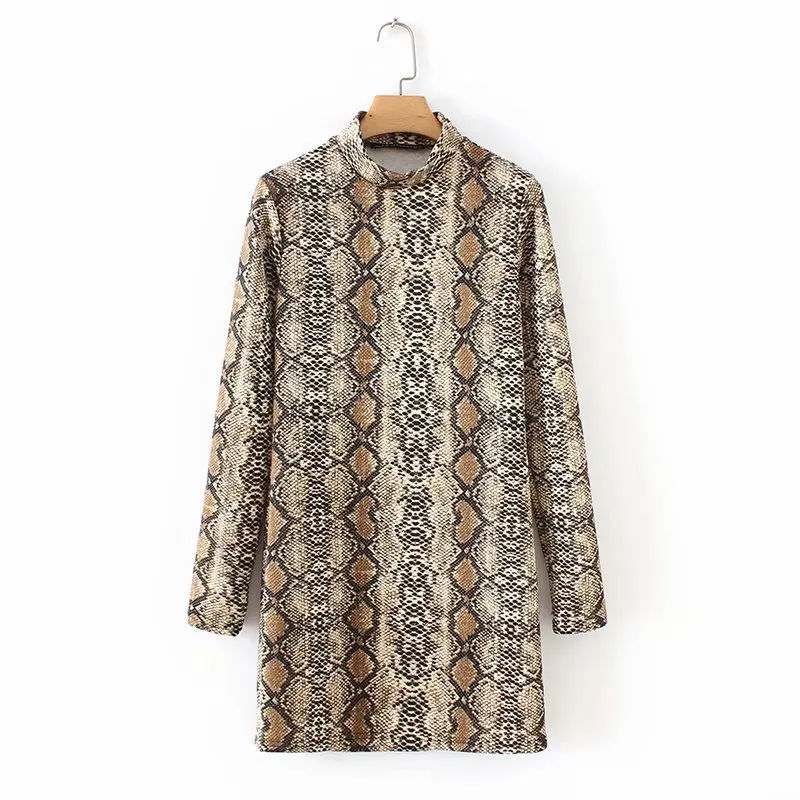 

Western Style Winter New Style Women's Dress Versitile Fashion Slim Fit Slimming Stand Collar Snakeskin Printed Long-sleeved Dre