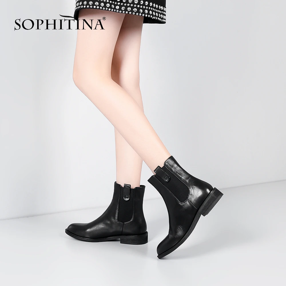 SOPHITINA Solid Women's Boots High Quality Genuine Leather Square Heel Comfortable Round Toe Shoes Special New Ankle Boots PO247