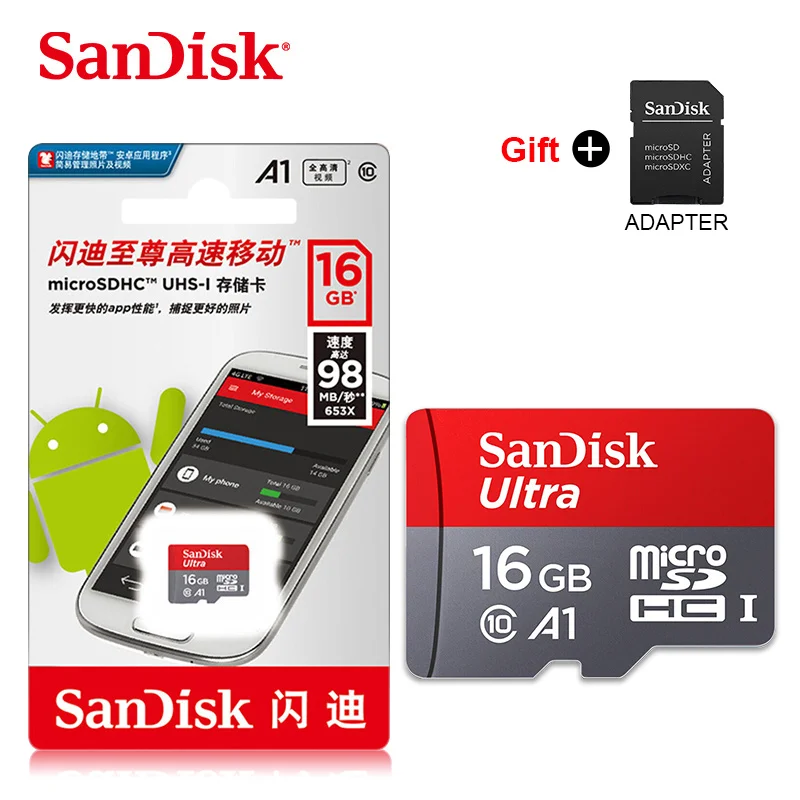 Двойной флеш-накопитель SanDisk карты памяти 16 Гб оперативной памяти, 32 Гб встроенной памяти MicroSD 64 Гб 128 ГБ 200 ГБ 256 Гб 400 гб до 98 МБ/с. скорость чтения Class10 micro SD карты - Емкость: 16 ГБ