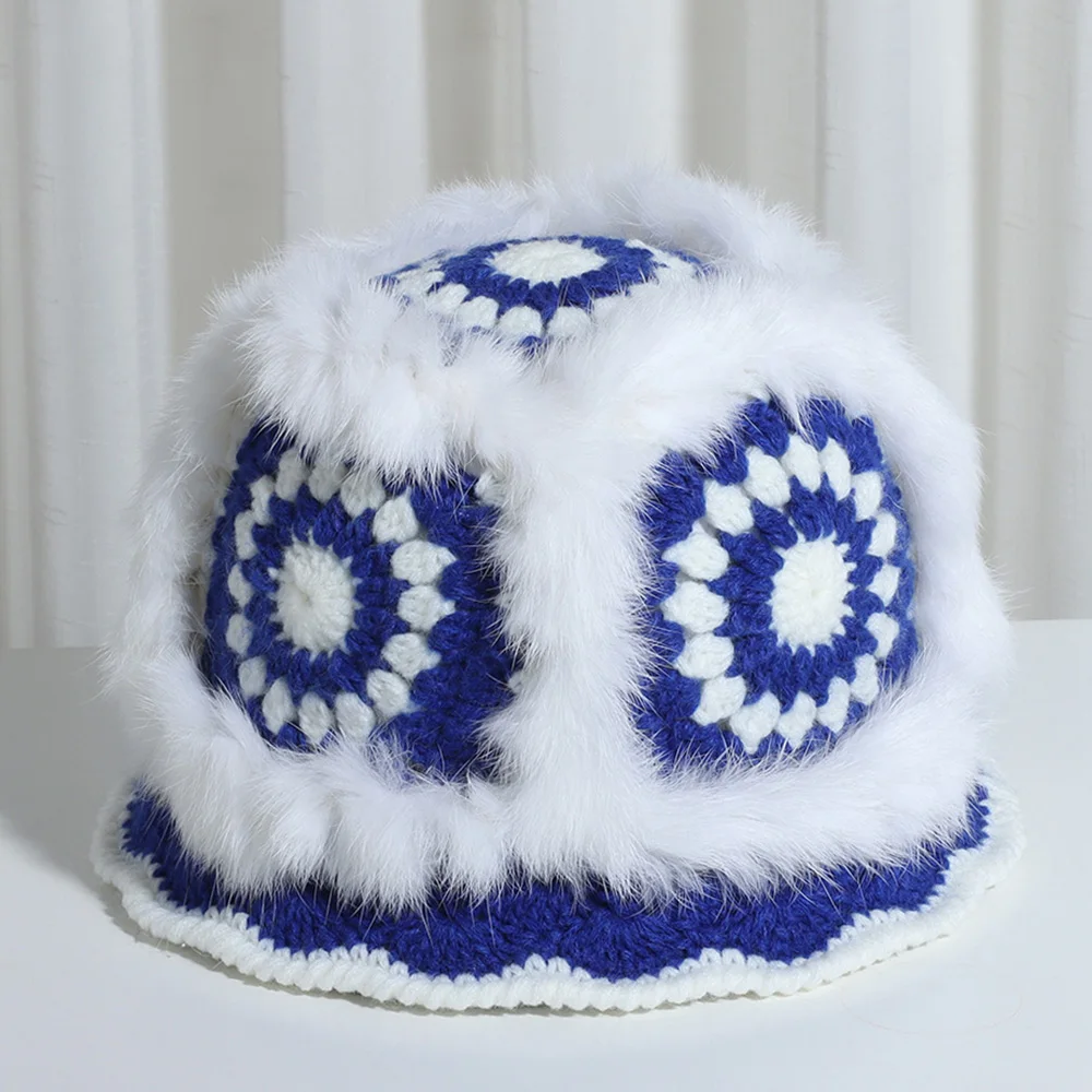 

2021 New Panama women fashion Real rabbit fur hats pure cotton Winter hat foldable Hollow Crochet Knitting Bucket hat