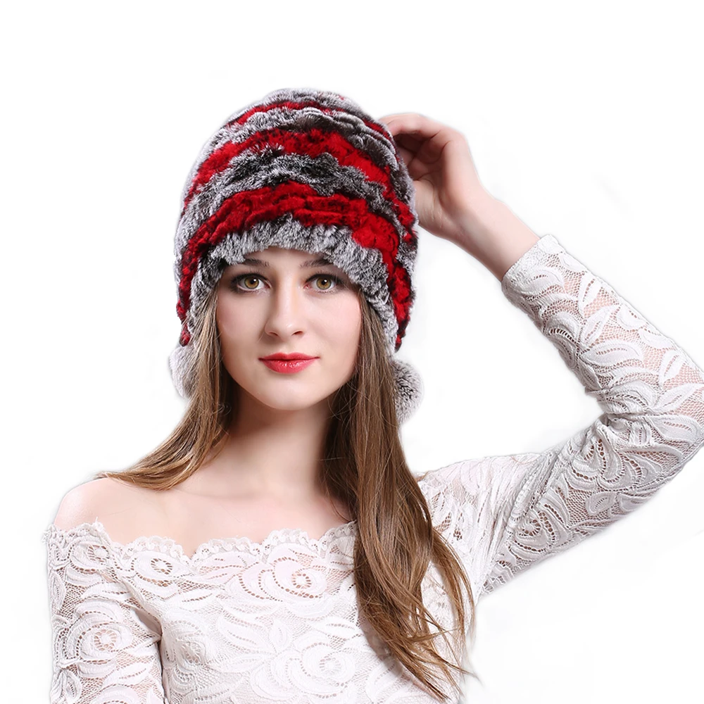 Зимние шапки из натурального меха, женская модная Лыжная шапка, упругая шапка из кроличьей шерсти