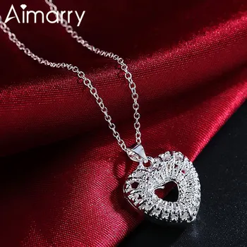 

Aimarry 925 Sterling Silver Fashion Jewelry 18 Inch Hollow Love Heart Pendant Necklace For Women Christmas Charm Wedding Gifts