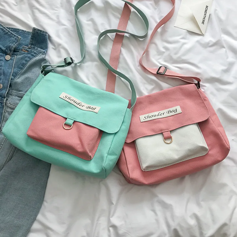 

Canvas Bag Women's Shoulder Students Korean-style Contrast Color School Bag Harajuku Ulzzang Woven Handbag Shoulder Oblique Larg