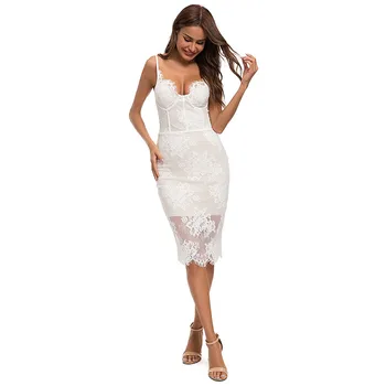 

women dress 2020 New Fashion Sexy Women's Sling V-neck Lace Embroidered Mid-length Bandage Slim Dress summer irregular dress