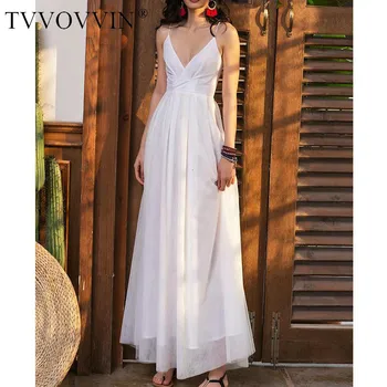 

TVVOVVIN Women Dress V Neck Sleeveless Backless Long Dress Black High Waist Large Hem Summer Dresses Holiday Beach Dresses V202