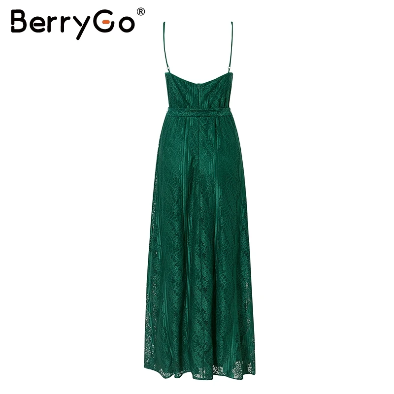 BerryGo сексуальное кружевное платье без рукавов с v-образным вырезом женское офисное женское шикарное вечернее платье с открытой спиной с высокой талией зеленое женское длинное вечернее платье