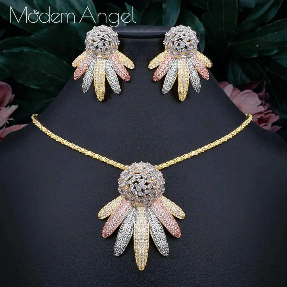 ModemAngel, модный Свадебный комплект из 2 предметов, ожерелье, серьги, наборы для женщин, аксессуары, полный кубический цирконий, серьги, ювелирные изделия