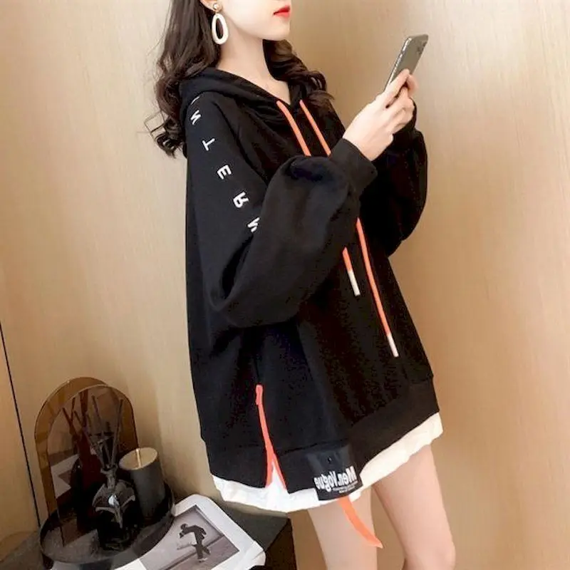 Casual Fashion Hoodies Women 2023 New Autumn Winter Plus Velvet Hooded Jacket Korean Loose Large Size Fake Two-piece Tops Hoodie