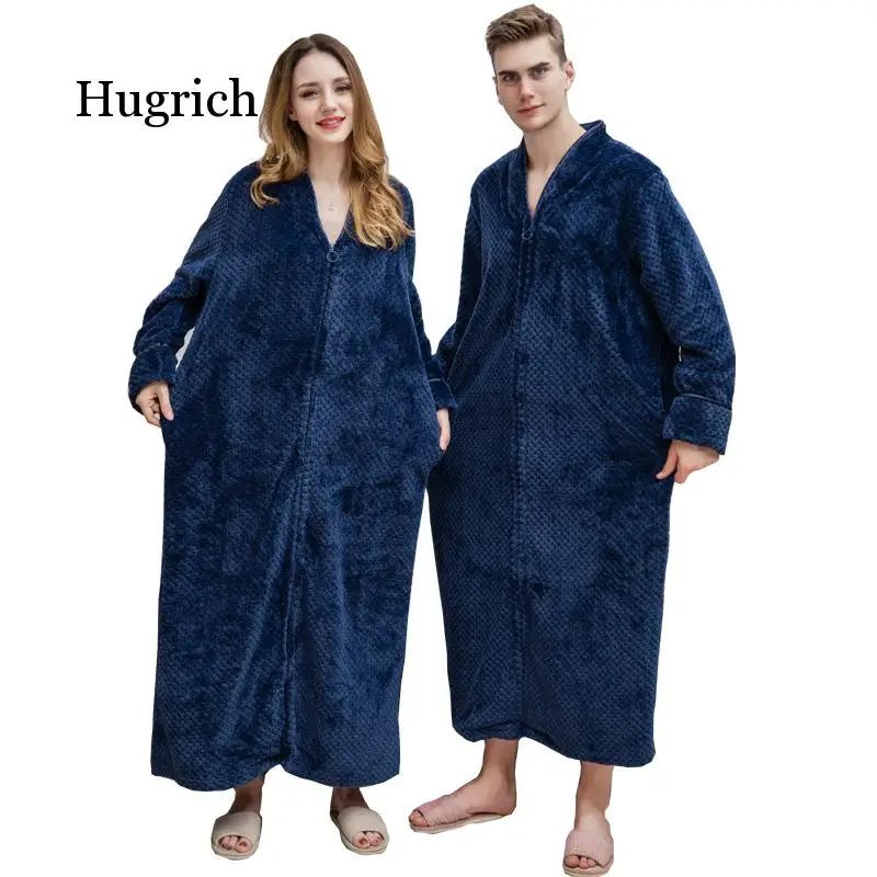 Women Autumn Winter New Zipper Shellfish Velvet Bathrobe Plus Increase Nightgown Men Thickening Pajamas Flannel Home Service