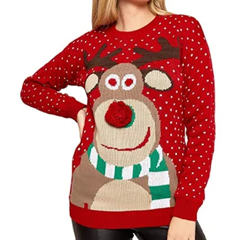 

Christmas Sweater Women O-Neck Loose Long-sleeved Sticky Hair Ball Deer Print S-XXL Red Gray Black Blue Knitting Sweater