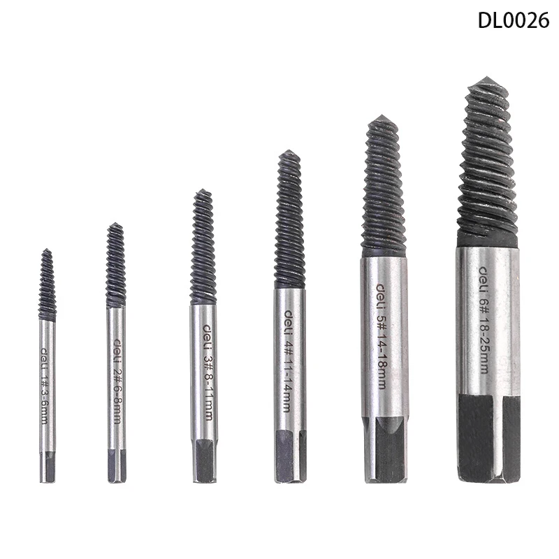 

Deli Six-Piece Screw Extractor Damaged Screw Extractor Drill Bit Extractor Bolt Extractor Bolt Stud Remover Tool