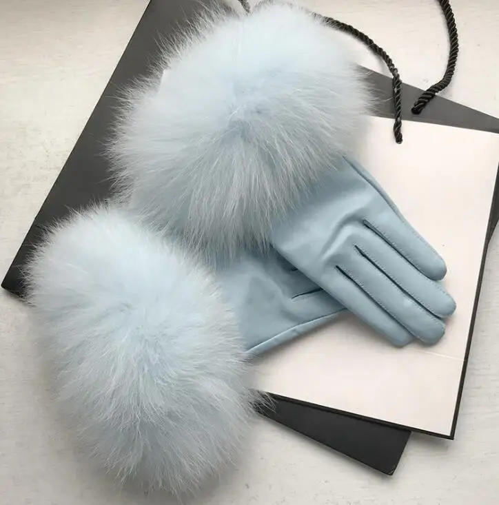 Женские перчатки из натуральной кожи с натуральным мехом лисы, женские теплые перчатки из натуральной овечьей кожи размера плюс, светло-голубые перчатки для вождения R2456