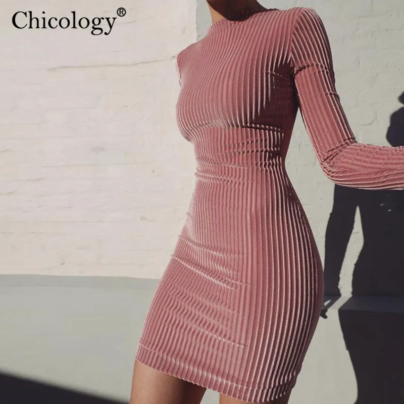 Chicology Блеск Длинные рукава элегантное ребристые Мини платье для женщин bodycon