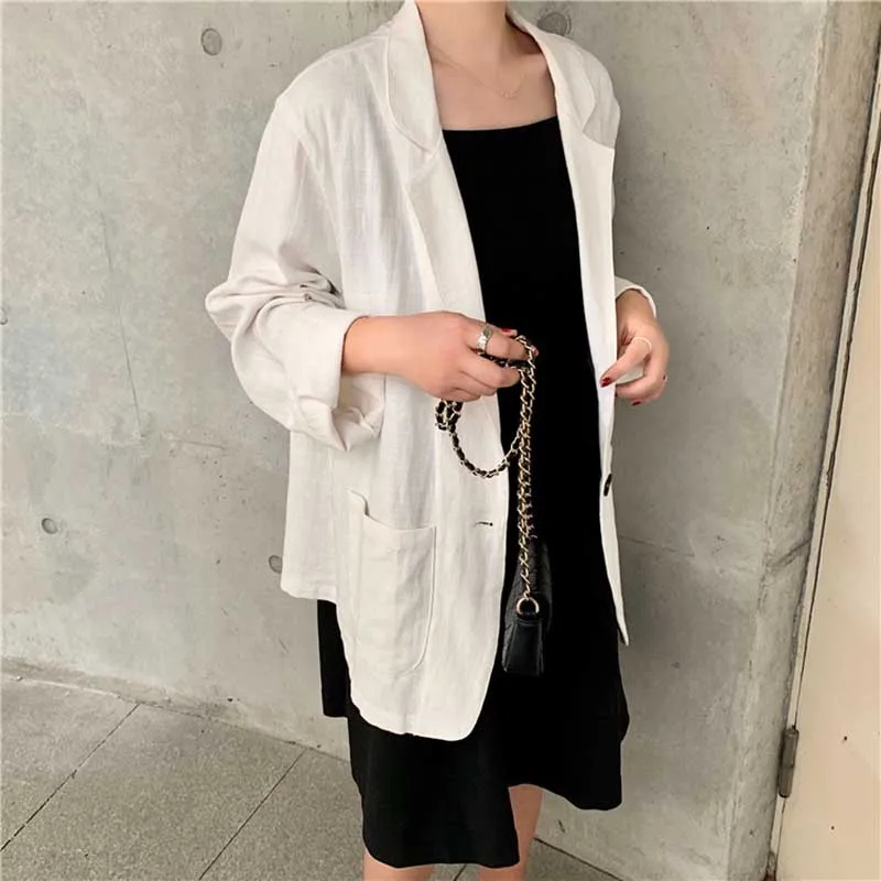 

Vintage Notched Casual Fresh Female New Style Office Lady Long Sleeve Single Button Solid Coat Free White Blazers
