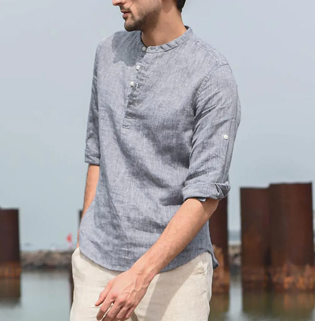 

men shirt Three Quarter Vintage Linen Solid Short Sleeve shirts Retro Brand clothing High Quality Tops Blouse camisa masculina