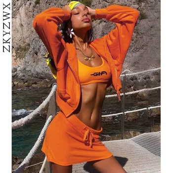 

ZKYZWX Sweatshirt Skirt Sequined Two Piece Set Hooded Zipper Pocket Top and Mini Skirt Sports Casual Bandage 2 Piece Outfits Set