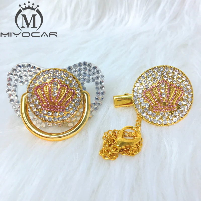 MIYOCAR/Розовая блестящая розовая Корона, стразы, набор для соски и клипсы, держатель на цепочке, Золотая пустышка, розовые стразы, APCB-1-SW - Цвет: APCB-SW   0-6M