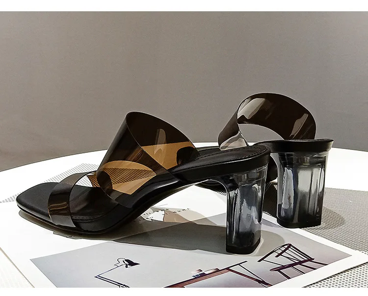 

PVC Transparent Slippers Women Open Toe High Heels Slides Sexy Square Heel Crystal Women's Shoes Luxury Designer Mixed Color