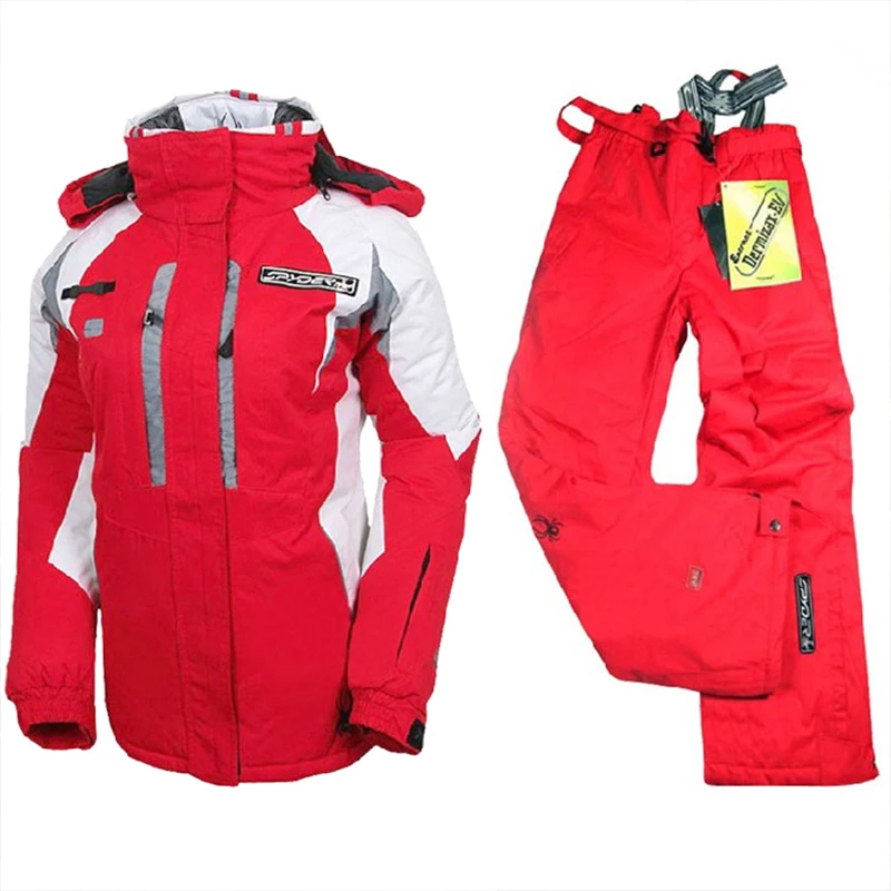 Women's Winter Jackets Pant Suits Windproof Rainproof  Warm Skis Snowboard Set Fashionable Female Skiing Wears Hooded Suspenders