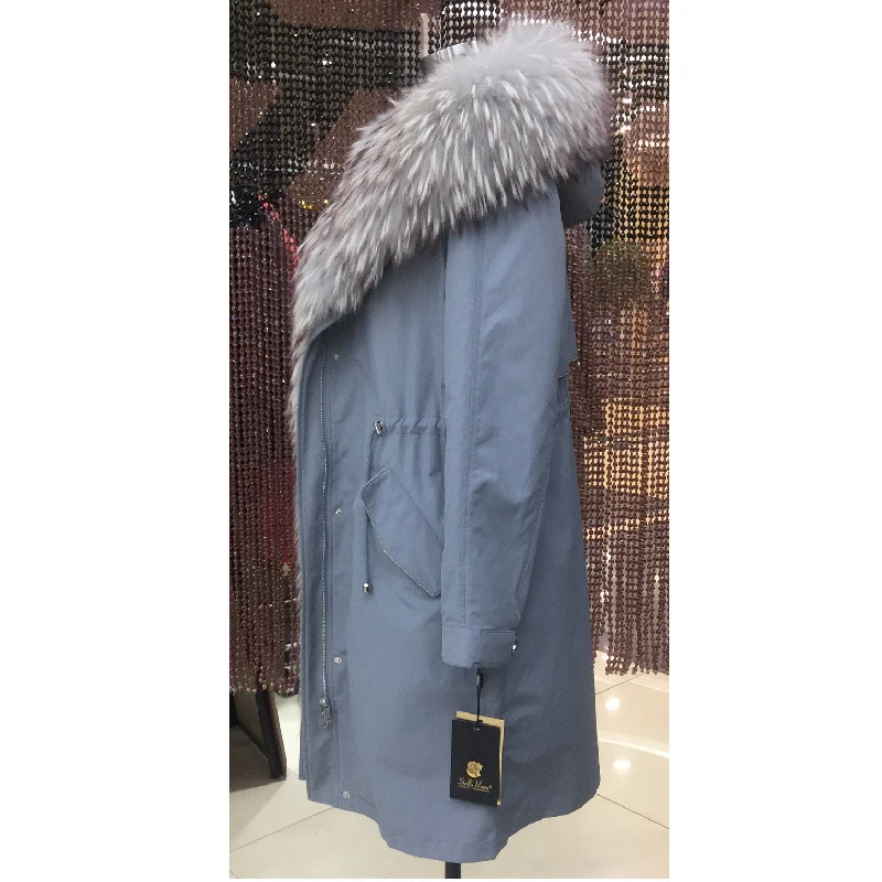 Женская зимняя парка пальто куртка воротник из енота Съемная подкладка из меха кролика Классическая 96 см длина качественная ткань 9-19807