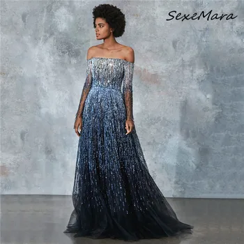 

Elegant Sexy Off Shoulder Women Long Dress 2020 Long Sleeves Tassel Sequined Dress Women