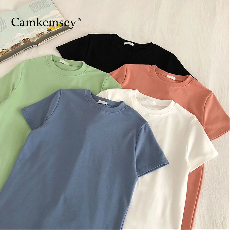

CamKemsey Summer T-Shirts Women 2020 Korean Solid Casual O-Neck Basic Short Sleeve T Shirts Female Tops