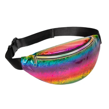 

New Summer Women Gradient Waist Laser Strap Bag Handbag Colorful Zipper Adjust Rainbow PU Leather