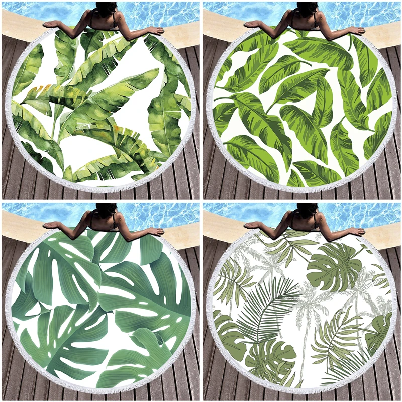Женское пляжное полотенце из микрофибры с зелеными листьями большое круглое