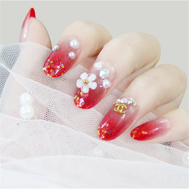 Nusx 24pcs Fake Nails Red Decor Flower Full Cover Wedding Bride Artificial Patches False Nail Tips 3
