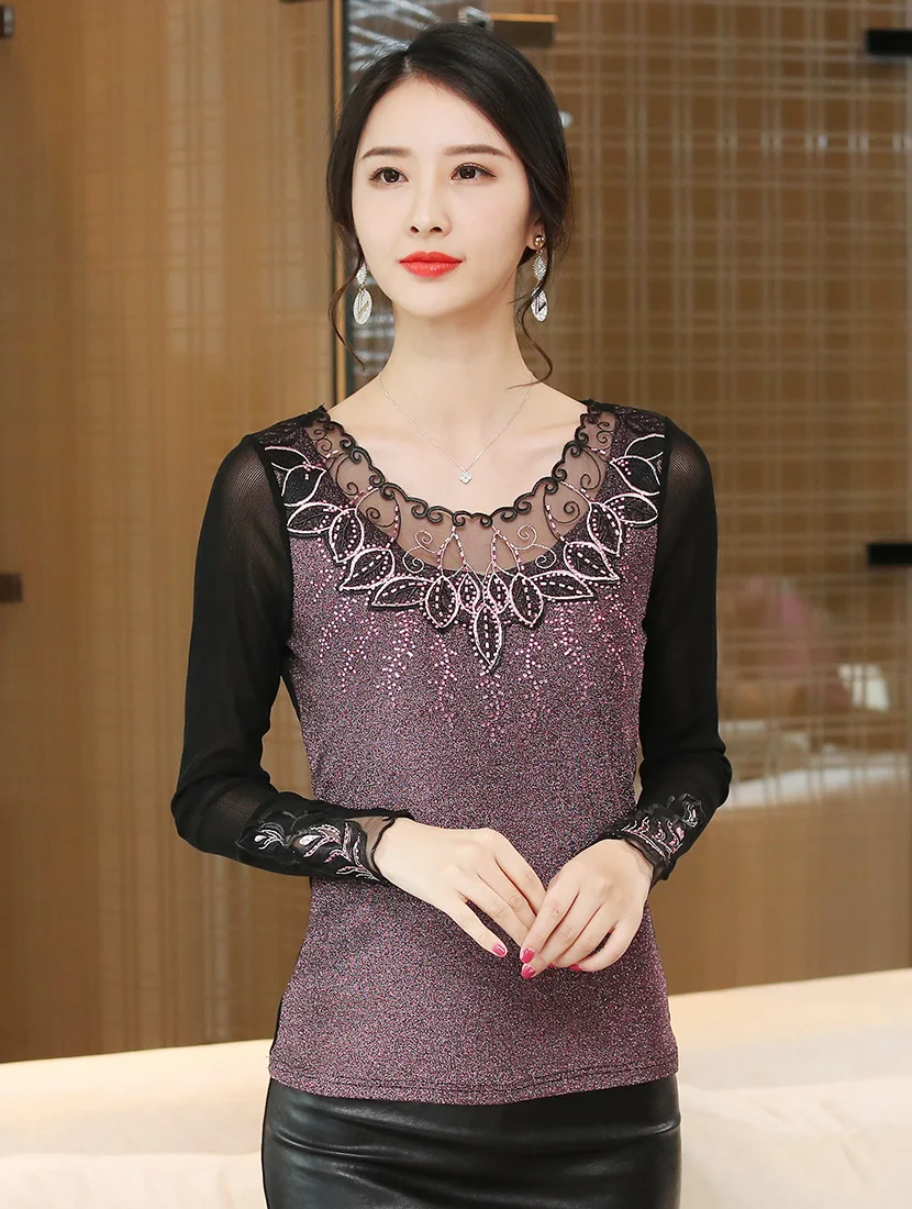 Blusas mujer de moda Осенняя сетчатая рубашка с длинными рукавами модная повседневная открытая Футболка с бриллиантами Большие размеры женские топы